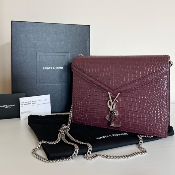 Yves SAINT LAURENT Calfskin Crocodile Embossed Cassandra Shoulder Bag Dark Red - Picture 6 of 13